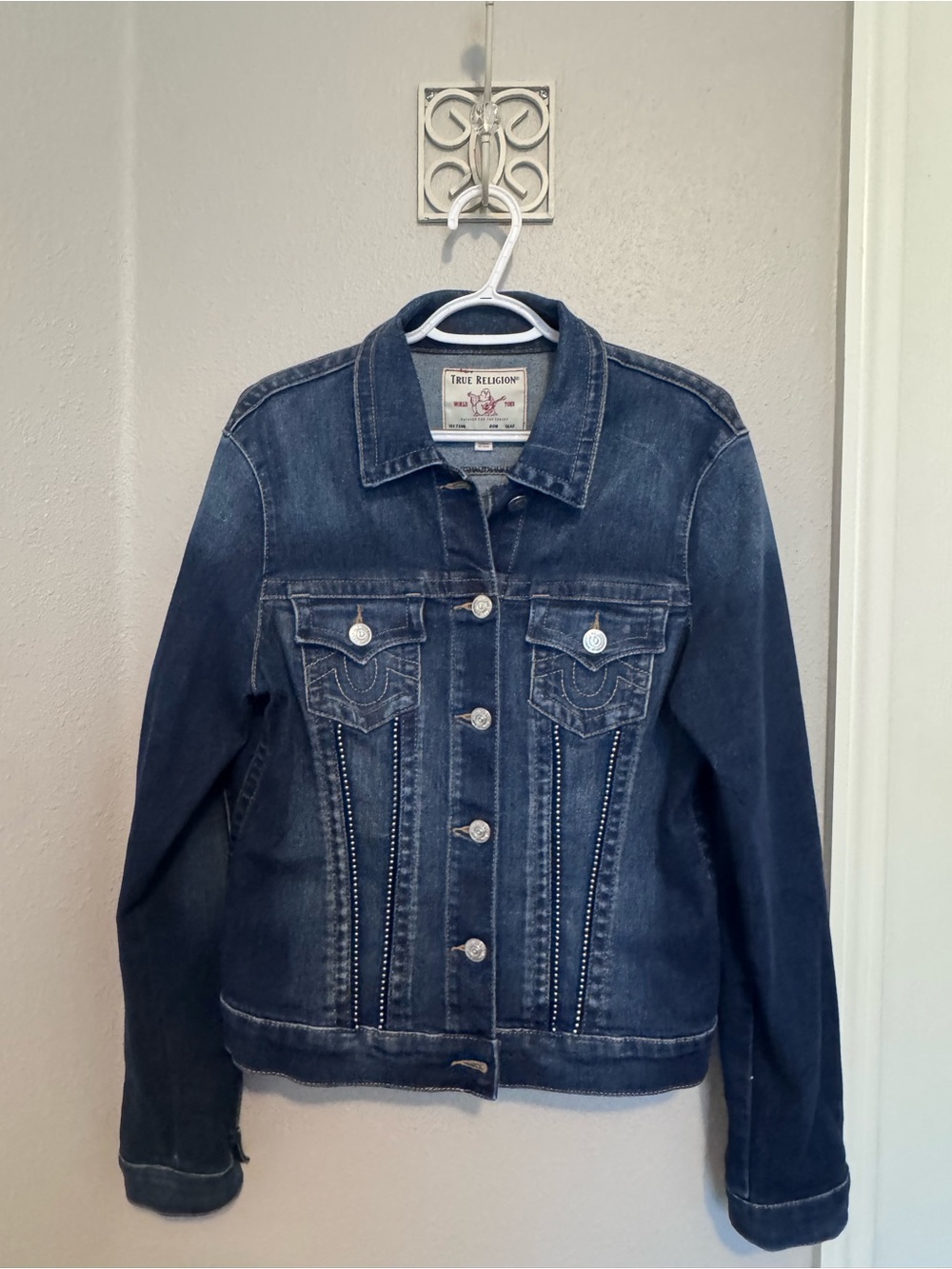 True Religion Dark Indigo Denim Jacket with Embellished Front Sz L